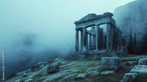 Ancient temple in mist in Greece, dramatic view of Greek ruins on foggy sky background, landscape with old building, rocks and mountain. Theme of travel, civilization and history