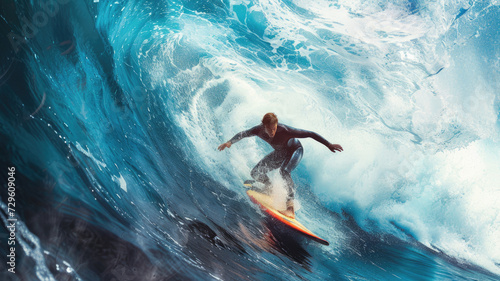 Surfer rides big ocean wave, male person surfs in sea, man slides in water barrel. Concept of sport, travel, extreme, fun, people, beach and summer. © scaliger