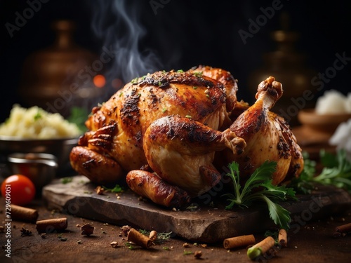 A whole Tandoori fried chicken on a wooden board with spices decorated around on table