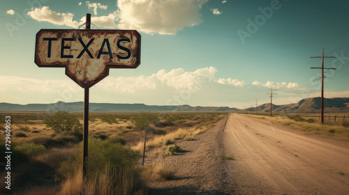 Texas road sign at state border, view of vintage rusty signpost on blue sky background, landscape of desert. Concept of travel, nature, welcome, USA photo