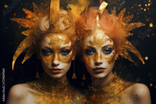 Two young women models like Gemini zodiac sign on gold confetti background. Portrait of adult girls twins in luxury golden outfit at party. Concept of beauty, fashion, horoscope. © scaliger