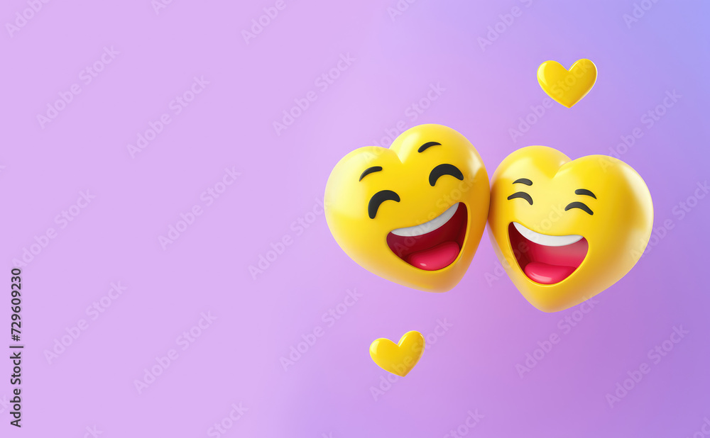 Greeting card, celebration card template with smiling yellow heart icons, smiley, 3d design on a purple
background. Concept of love, St. Valentine's day, romantic. Copy space for text Greeting card, celebration card template with smiling yellow heart icons, smiley, 3d design on a purple
background. Concept of love, St. Valentine's day, romantic. Copy space for text