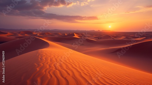 Warm  earthy tones and shifting sand dunes capture the serene beauty of a desert landscape during sunset.