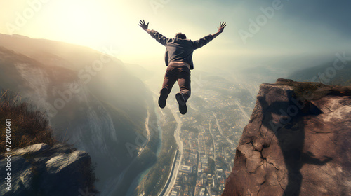 man jumps from a mountain. adrenaline and a decision made in life. photo