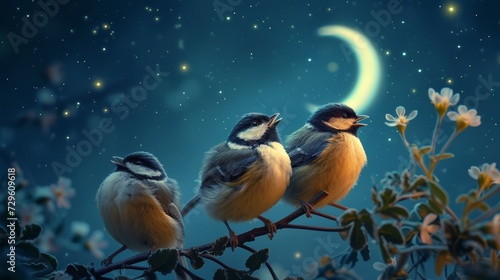 Cute chicks singing under a crescent moon against a starry sky © yganko