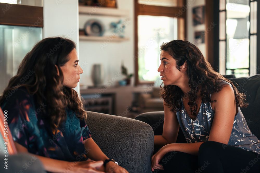A mother and daughter engage in a serious conversation, sharing candid advice in a heartfelt moment of connection.

 - obrazy, fototapety, plakaty 