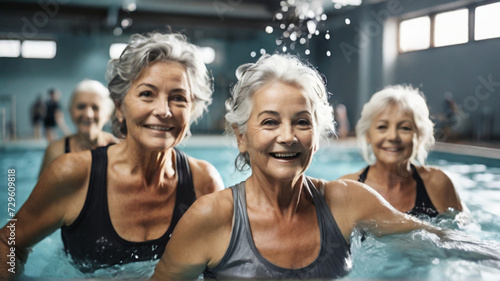 Active mature women in 60s enjoying aqua gym class, maintaining a healthy lifestyle at a retirement community