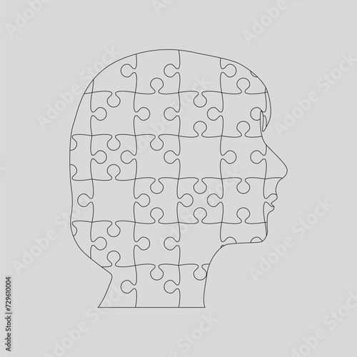 Female head made from puzzle pieces. Strategy