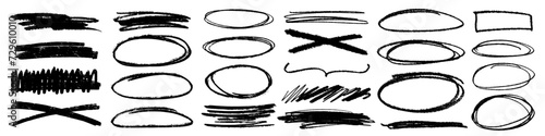 Grunge scrawls, charcoal emphasis, rough brush strokes, underlines and circles. Bold charcoal freehand stripes and ink shapes. Crayon or marker scribbles. Vector illustration