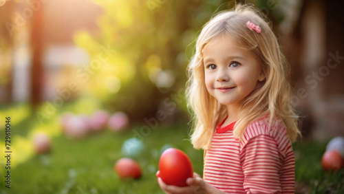 Happy little girl holding bright coloured red egg found on an Easter egg hunt 