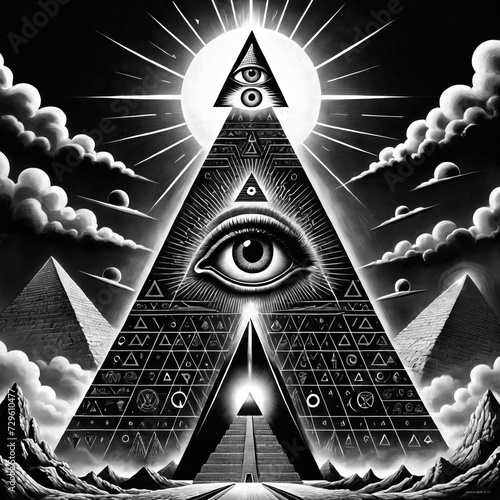 The Illuminati - A mysterious pyramid with an all-seeing eye and retro-futuristic propaganda posters Gen AI photo