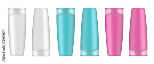 Set of white, pink and blue shampoo and conditioner bottles. Realistic mockup. Korean packaging. Lotion or shower gel. Hair treatment, mask. Cosmetic bottle with transparent cap standing upside down