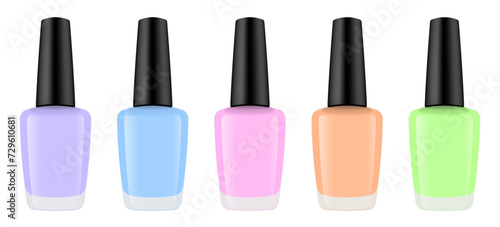 Set of realistic nail polish bottles. Nail laquer or gel. Nude pink, coral, purple, blue and green colors.	 photo