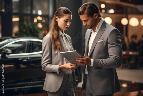 successful business couple of business partners with a tablet while concluding a business agreement in a car dealership. business corporation leaders.