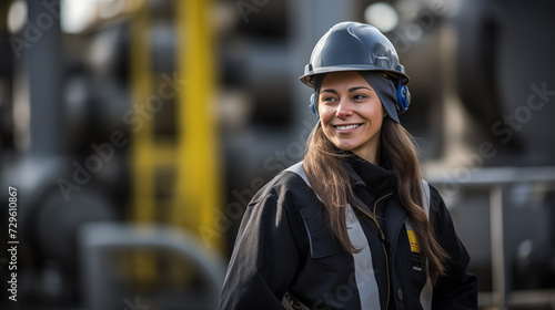 portrait of woman wearing a helmet on an oil refinery
