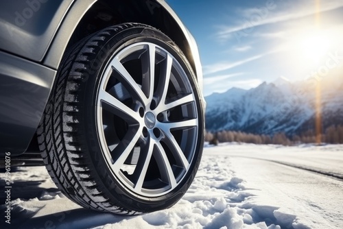 Wheel on winter tires in winter on the background of mountains