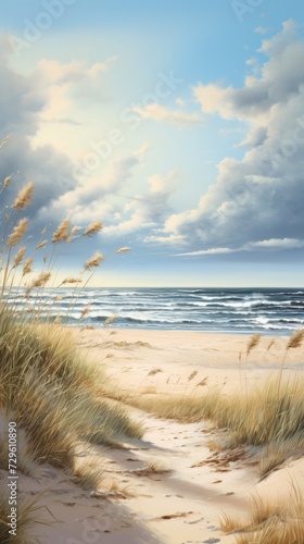 Modern background for cellphone, mobile phone, ios, android beach with blue sky and coastal grass. Holiday