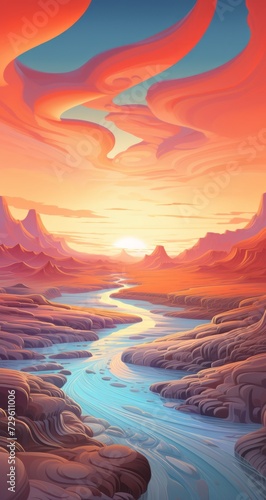 Modern background for cellphone, mobile phone, ios, android, colorful abstract art illustration of red sunset mountains and a river in the background.