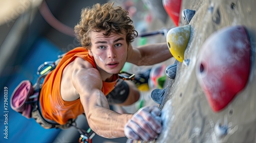 A climber is intensely focused as he scales an indoor climbing wall