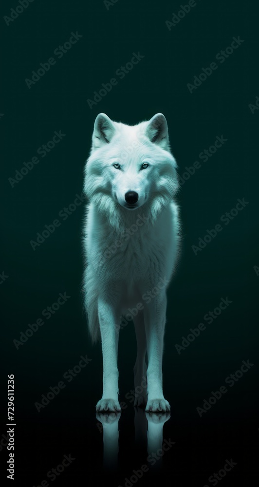 Obraz premium Modern background for cellphone, mobile phone, ios, android, a beautiful a white wolf standing by itself against a black background