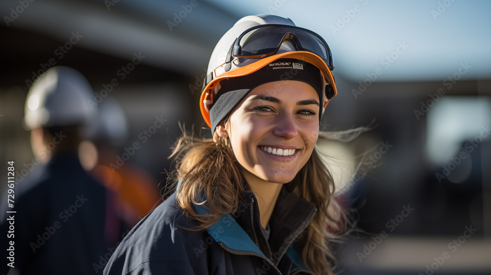 portrait of woman wearing a helmet on an oil refinery portrait of woman wearing a helmet on an oil refinery