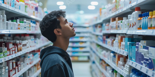 uninsured individual in a pharmacy, examining over-the-counter medicines with a contemplative expression, amidst the well-stocked shelves and bright lighting of the store photo