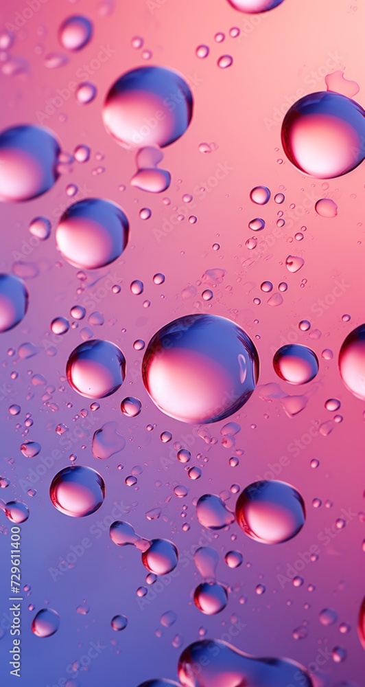 Modern background for cellphone, mobile phone, ios, android, water droplets with pink hues and blue sunset lighting. Water on screen surface