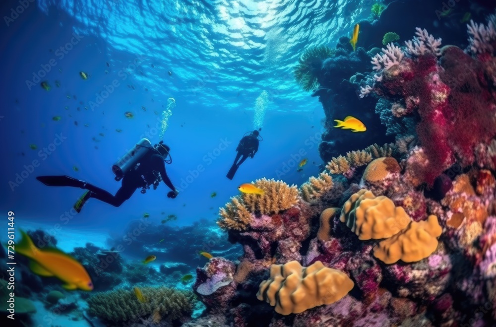 Fototapeta premium Two divers and some corals in a shallow water reef