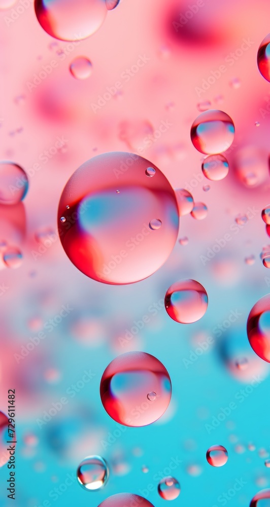 Modern background for cellphone, mobile phone, ios, android, water droplets with pink hues and blue sunset lighting. Water on screen surface