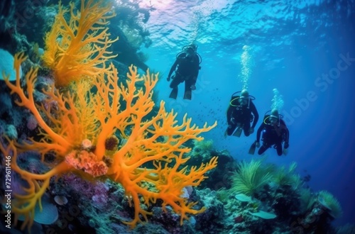 Two divers and some corals in a shallow water reef