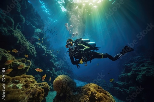 Two divers and some corals in a shallow water reef