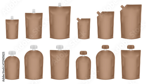 Set of brown doypack packaging with screw cap. Blank foil drink bags pouches with spout. Ketchup, mayonnaise or mustard. Stand up doy pack mock up set. Cosmetic refill. Fruit puree, baby food