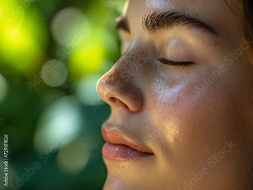 person's face, eyes closed in a peaceful expression, in a meditative state, with a soft-focus background of a Zen garden, capturing the essence of mindfulness