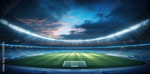 View of Soccer Stadium With Green Field and Cloudy Sky photo