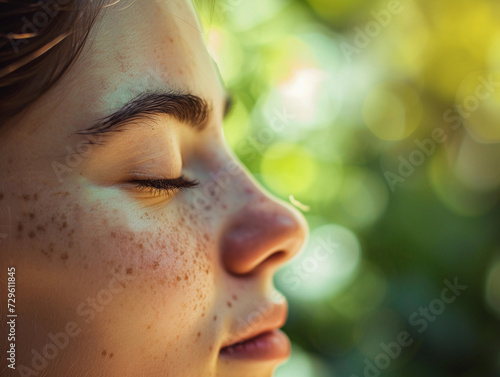 person's face, eyes closed in a peaceful expression, in a meditative state, with a soft-focus background of a Zen garden, capturing the essence of mindfulness