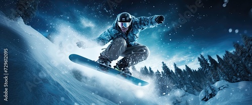 Snowboarder performing an aerial trick against a majestic mountainous backdrop at dusk.