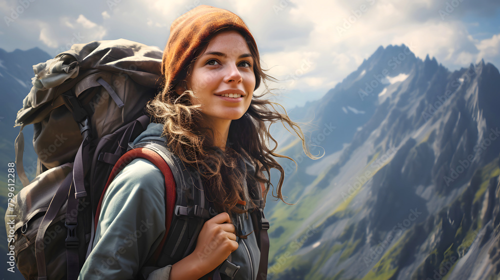 beautiful young woman tourist with a backpack travels on a hiking trip in the mountains. tourism and outdoor travel. beautiful young woman tourist with a backpack travels on a hiking trip in the mountains. tourism and outdoor travel.
