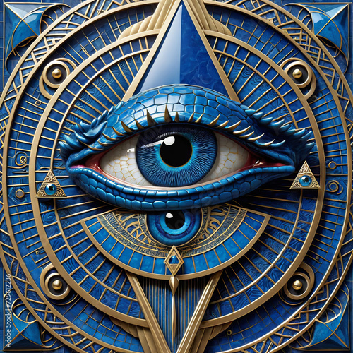 Mystical Illuminati Influence - Reptilian Eye and Mysterious Symbols in Over-the-Top Art Deco Gen AI photo