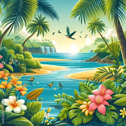 Tropical garden colorful Illustration floral drawing background postcard digital artwork  banner  website  flyer  Ads  gift  Card  booklet template
