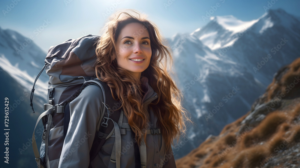 beautiful young woman tourist with a backpack travels on a hiking trip in the mountains. tourism and outdoor travel. beautiful young woman tourist with a backpack travels on a hiking trip in the mountains. tourism and outdoor travel.
