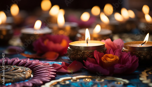 Burning candle illuminates spirituality  love  and traditional festival celebration generated by AI