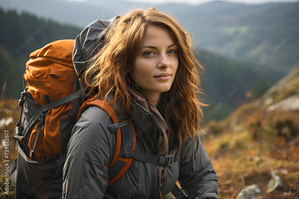 beautiful young woman tourist with a backpack travels on a hiking trip in the mountains. tourism and outdoor travel.