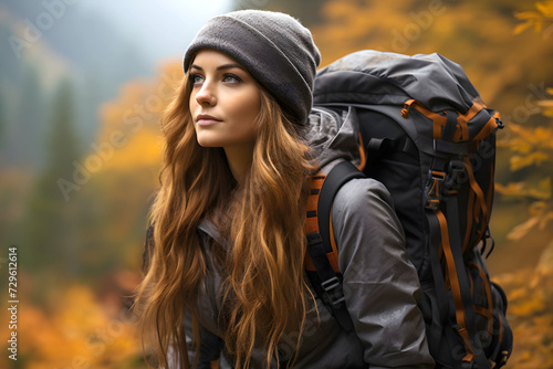 portrait of a beautiful young woman tourist with a backpack on a hike in the mountains. tourism and outdoor travel. © photosaint