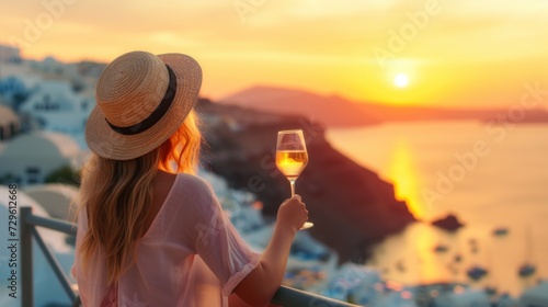 Woman in a Hat Holding a Glass of Wine enjoying Greek island sunset