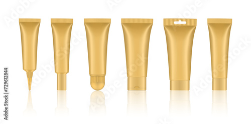 Set of gold cosmetic tubes. Closed blank tubes with caps. Realistic mockup. Long nozzle tube. for ointment or salve. Gel serum. Korean packaging. Lip gloss	
