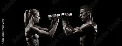 Two athletic individuals engaging in an intense dumbbell workout against a black background. photo