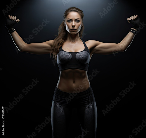 Determined female athlete flexing muscles during intense workout in a dark gym setting.