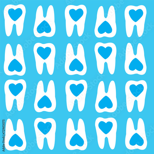 White teeth with heart in the center on a blue background. Dentist molar pattern