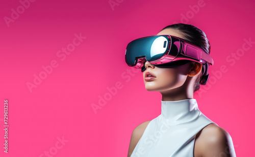 A young woman wearing virtual reality headset glasses on a pink background. Concept of technology, augmented reality, science, engineering