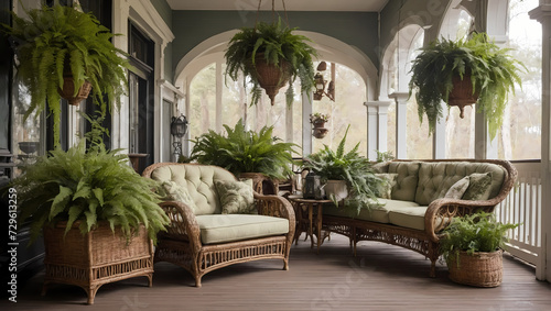 Ferns in Hanging Planters on Victorian-style Porch with Wicker Furniture.